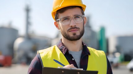Professional engineer in hard hat and safety vest reviews clipboard at industrial plant under clear sky