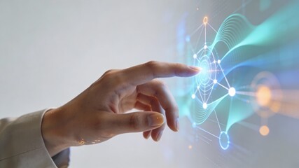 Photorealistic human hand interacting with glowing abstract AI hologram interface visualization
