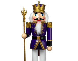 Wooden royal figure in regal purple coat, holding a golden scepter, against black