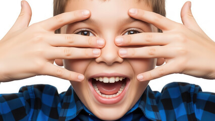 Young boy with brown hair playfully covering his eyes with hands, smiling widely, wearing a blue checkered shirt, expressing joy and excitement in a bright, cheerful atmosphere
