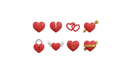 Red heart set including broken, locked, winged, and pierced variations isolated. Romantic symbols for valentines day and wedding celebrations.