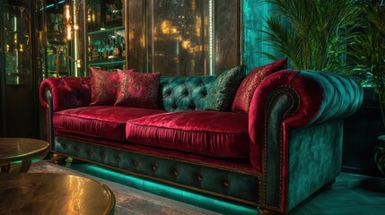 Luxury lounge with velvet upholstery brass and ambient rim lighting creating moody cinematic atmosphere