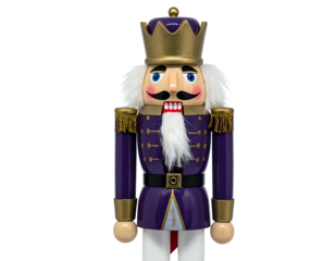 A regal wooden nutcracker with a purple coat, gold crown, and white hair