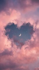 Heart shaped cloud with crescent moon and stars in pink twilight sky
