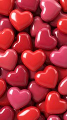 Glossy red heart candies 3d render background with shiny valentines texture
