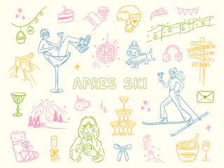 Hand drawn winter ski and apres ski illustration set in whimsical doodle style. Includes skiers, snowboard, clothing, equipment, cocktails and holiday elements. Cute line art, vintage look, isolated
