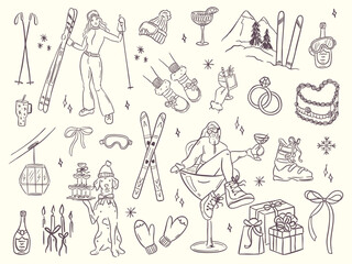 Plakat Hand drawn winter ski and apres ski illustration set in whimsical doodle style. Includes skiers, snowboard, clothing, equipment, cocktails and holiday elements. Cute line art, vintage look, isolated