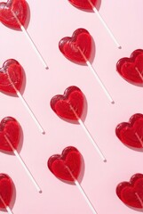 Red heart lollipops flat lay on pink background with minimal copy space
