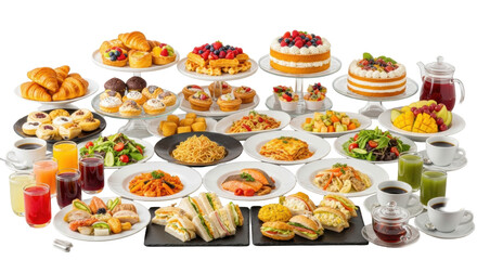 Fototapeta premium Lavish gourmet buffet with diverse pastries, fruits, and roasted meats on multi-tiered dishes, rustic wooden table, white background, concept of luxury hospitality