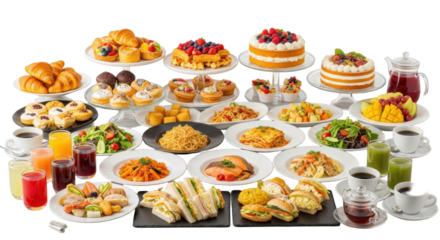 Lavish gourmet buffet with diverse pastries, fruits, and roasted meats on multi-tiered dishes, rustic wooden table, white background, concept of luxury hospitality