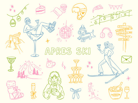 Hand drawn winter ski and apres ski illustration set in whimsical doodle style. Includes skiers, snowboard, clothing, equipment, cocktails and holiday elements. Cute line art, vintage look, isolated