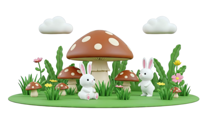 Cute Easter Bunnies in a Mushroom Forest