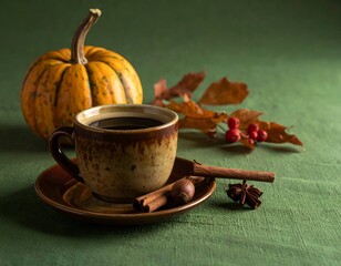 Autumn still life Coffee cup with pumpkin, spices, and leaves on a green surface