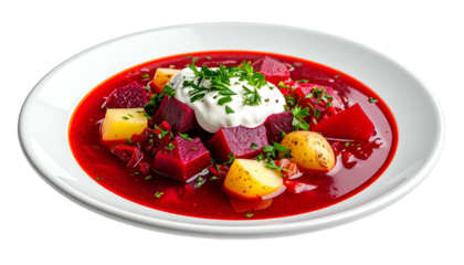 A vibrant bowl of borscht with fresh herbs and a dollop of sour cream on a white plate