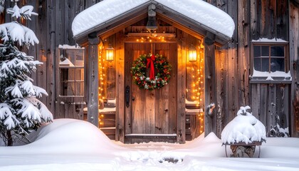 Cozy snow-covered cabin entrance, lit by warm lights and decorated for the holidays