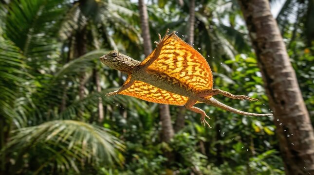 Flying Dragon lizard Draco volans gliding with extended wings in forest