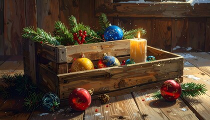 Rustic wooden crate overflowing with Christmas ornaments, greenery, and a candle