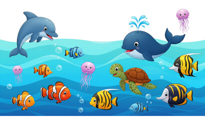 Cartoon tropical sea animals funny fish turtle dolphin whale and jellyfish vector illustration isolated on transparent background © MdRoni