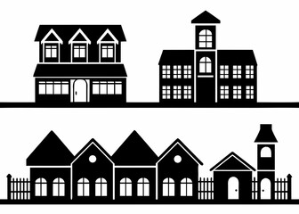 Silhouette of various houses and buildings with fences