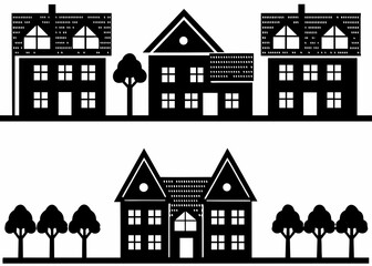 Black silhouettes of houses and trees on white background