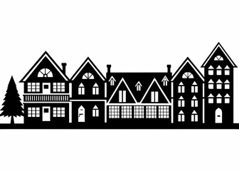 Row of elegant houses with tree in silhouette