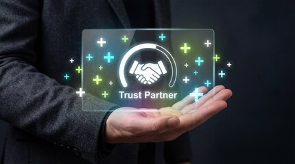 Businessman presenting trust partnership concept with handshake icon