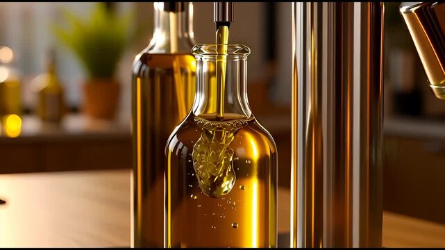 A golden liquid being poured into a glass bottle on a wooden table in a kitchen environment from a close-up viewpoint