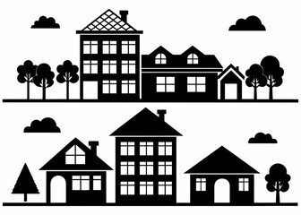 Black silhouettes of houses and trees on white background