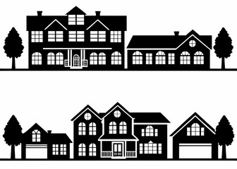 Silhouette of various modern houses with trees on white background