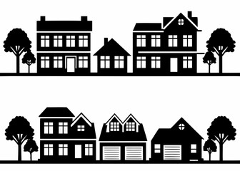 Black silhouettes of various houses and trees on white background