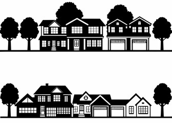 Modern suburban homes with trees in black and white illustration