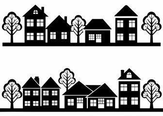 Black silhouette of houses and trees on white background