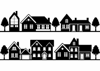 Black and white silhouette houses with trees