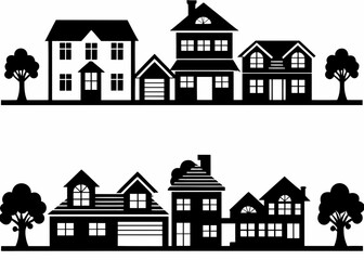 Black silhouettes of various houses and trees on white background