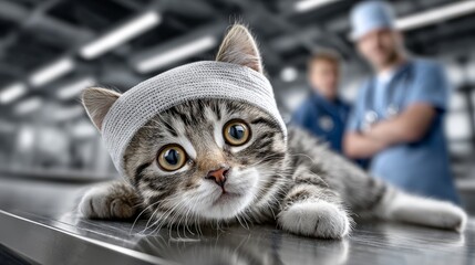 A small cat with a bandaged head rests on a table, surrounded by attentive veterinary staff in a clean clinic