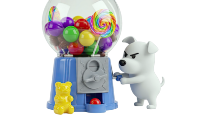 Grumpy Dog Attempts to Get Candy from Gumball Machine