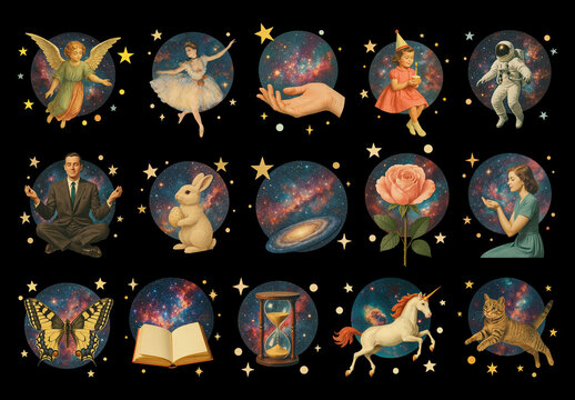 Whimsical Cosmic Collage Art Element Set