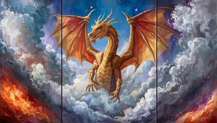 Epic dragon triptych in oil painting style, center panel dragon emerging from clouds, side panels filled with fire, smoke, and celestial skies