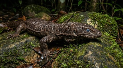 Obraz premium Rare Earless Monitor Lizard crawling on mossy ground in Borneo jungle