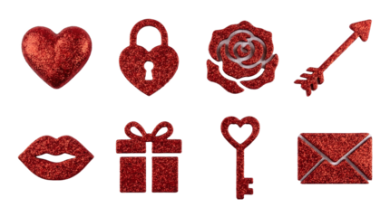 Red glitter Valentine symbols set including heart, lock, rose, arrow, lips, gift, key, and envelope. Romantic icons and holiday collection.