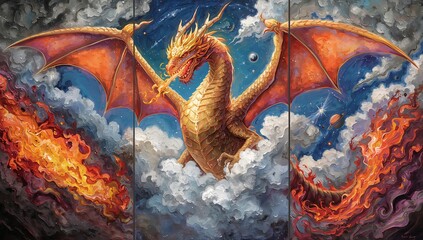 Epic dragon triptych in oil painting style, center panel dragon emerging from clouds, side panels filled with fire, smoke, and celestial skies
