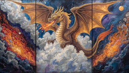 Epic dragon triptych in oil painting style, center panel dragon emerging from clouds, side panels filled with fire, smoke, and celestial skies