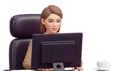 3D Avatar Woman Working at Computer with Coffee
