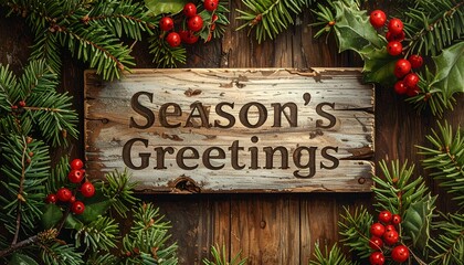 Rustic wooden sign with "Season's Greetings" framed by evergreen branches and berries