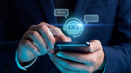 Businessman interacting with chatbot on smartphone in dark background