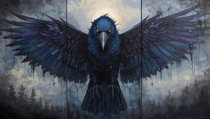 Mystical raven triptych with the raven centered in oil textures, while feathers dissolve into omens and shadowy skies on side panels.