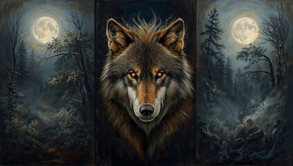 Oil-painted mystical wolf triptych where the center panel shows a glowing wolf spirit with luminous eyes