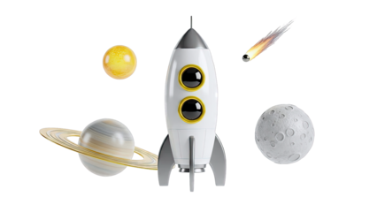 Stylized Rocket and Celestial Bodies