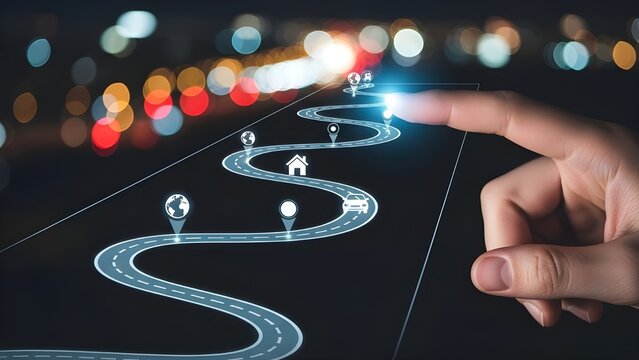 Holographic image of a futuristic winding road