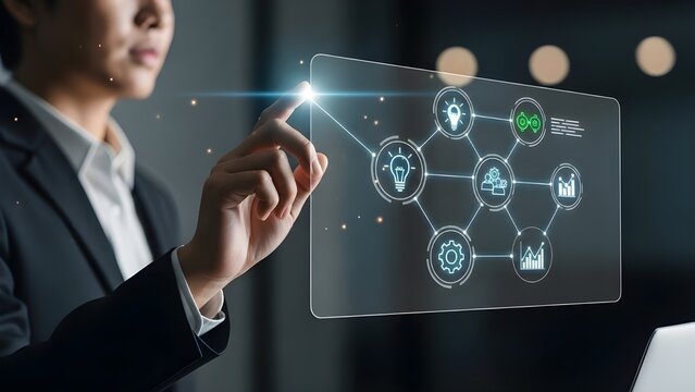 Holographic image technology concept with business professional interaction